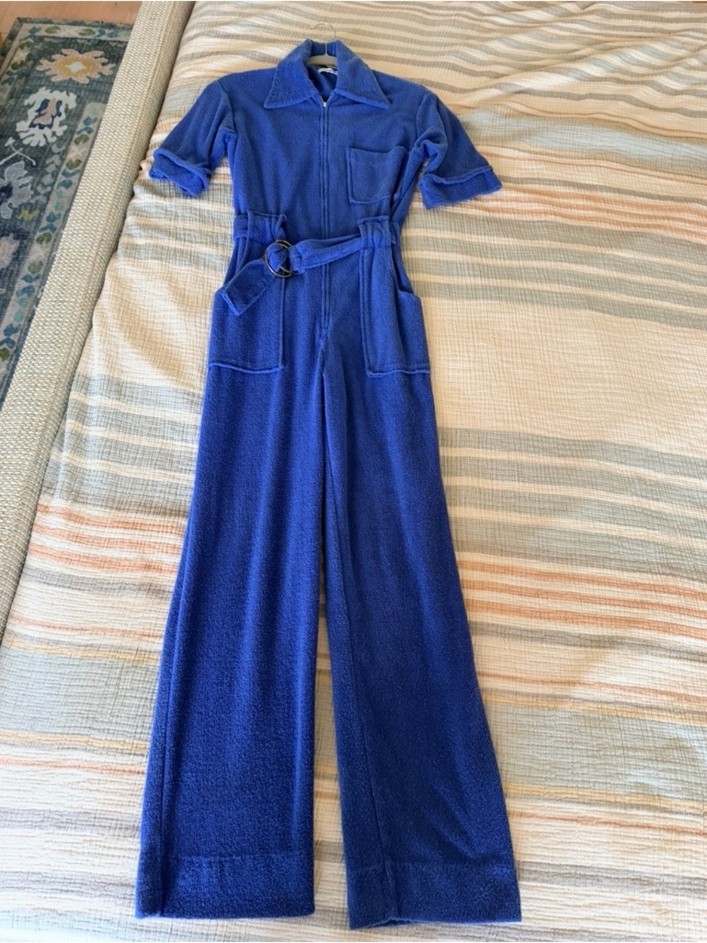 Vintage 70s JC Penney Royal Cobalt Blue Terrycloth Jumpsuit Playsuit w Belt S/XS